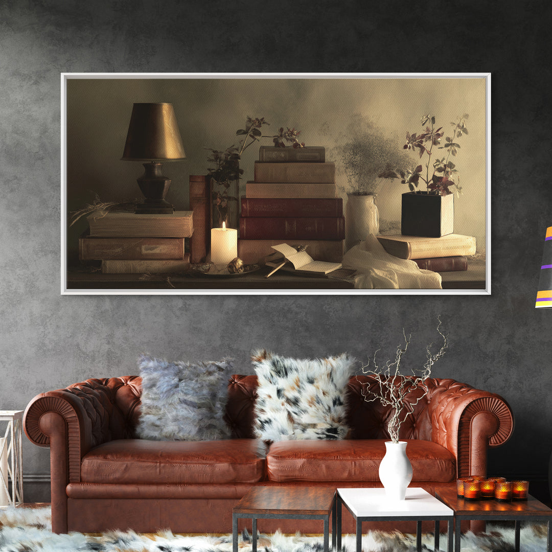 Warm Reading Lamp and Small Plant Still Canvas Print, Library Art, Printable Wall Art, Library Decor, Fine Art, Archive, LIB-2x1-17