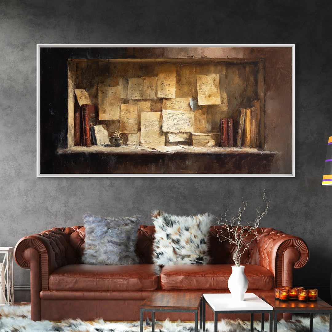 Moonlit Window with Floating Pages Framed Canvas Print, Library Art, Contemporary Art, Library Decor, Fine Art, Archive, LIB-2x1-28