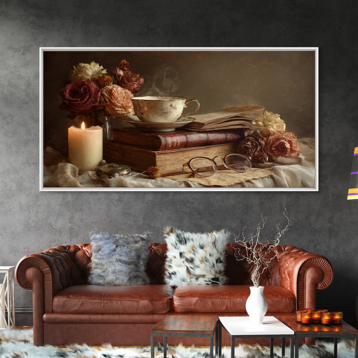 Teacup Beside a Novel and Roses Framed Canvas Print, Library Art, Contemporary Art, Library Decor, Fine Art, Archive, LIB-2x1-34