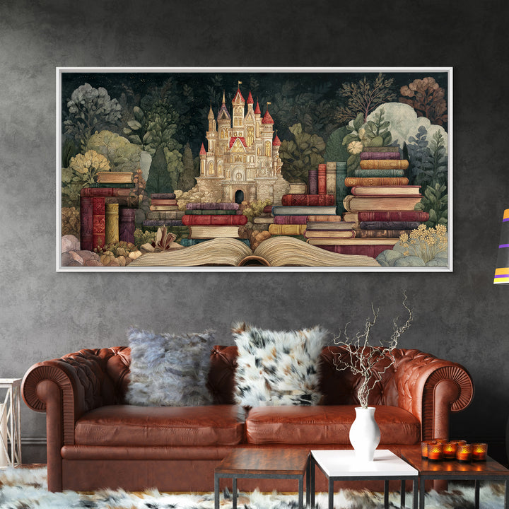 Storybook Castle Emerging from Open Book Framed Canvas Print, Library Art, Wall Art, Library Decor, Oil Painting, Archive, LIB-2x1-35
