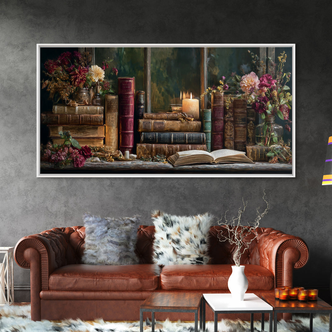 Old Books Stacked Framed Canvas Print, Library Art, Watercolor Painting, Library Decor, Oil Painting, Archive, Black Cat Art, LIB-2x1-45