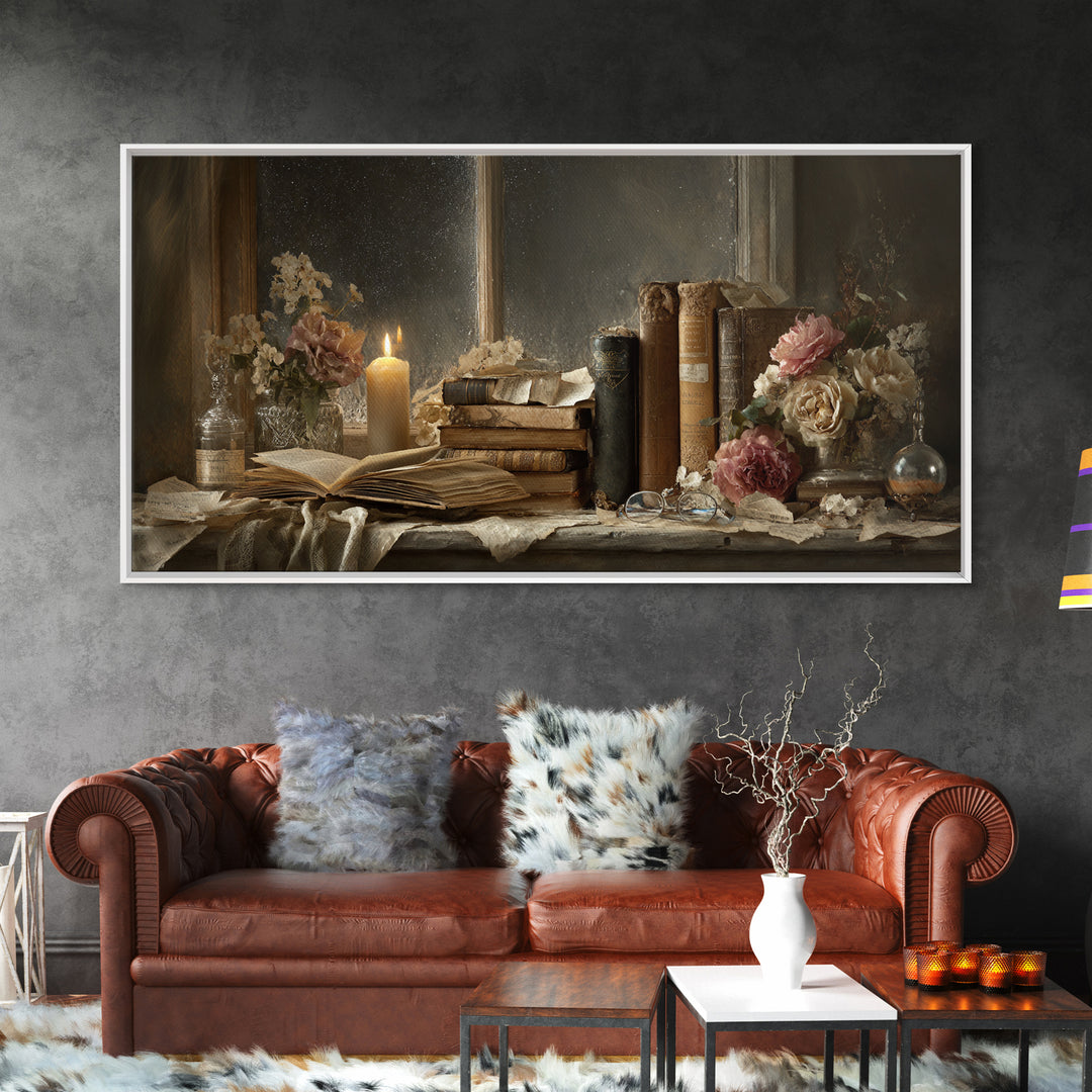 Moonlit Window with Floating Pages Canvas Print, Library Art, Digital Art, Library Decor, Fine Art, Archive, Watercolor Art, LIB-2x1-52