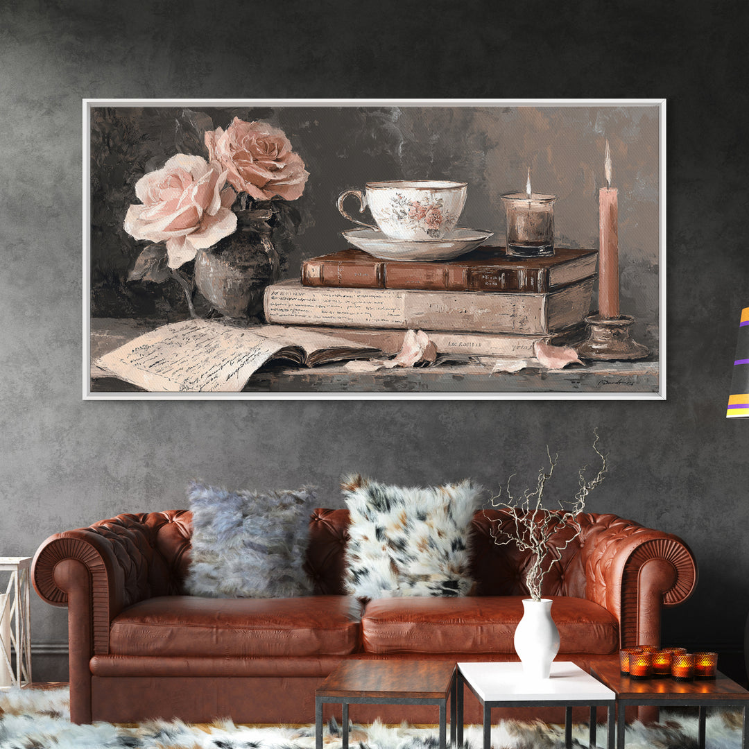 Teacup Beside a Novel and Roses Canvas Print, Library Art, Digital Art, Library Decor, Fine Art, Archive, Watercolor Art, LIB-2x1-58