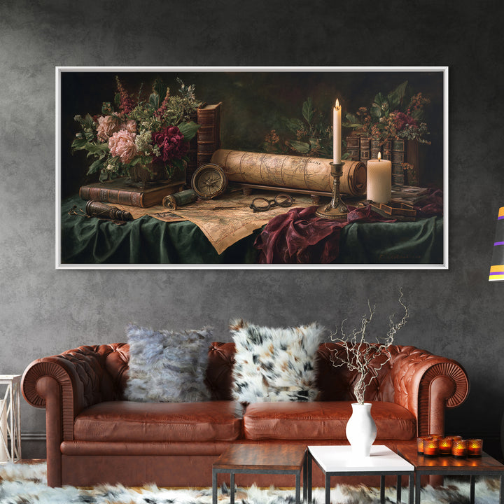 Map and Compass on Leather Bound Atlas Framed Canvas Print, Library Art, Gothic Home Decor, Library Decor, Oil Painting, LIB-2x1-60