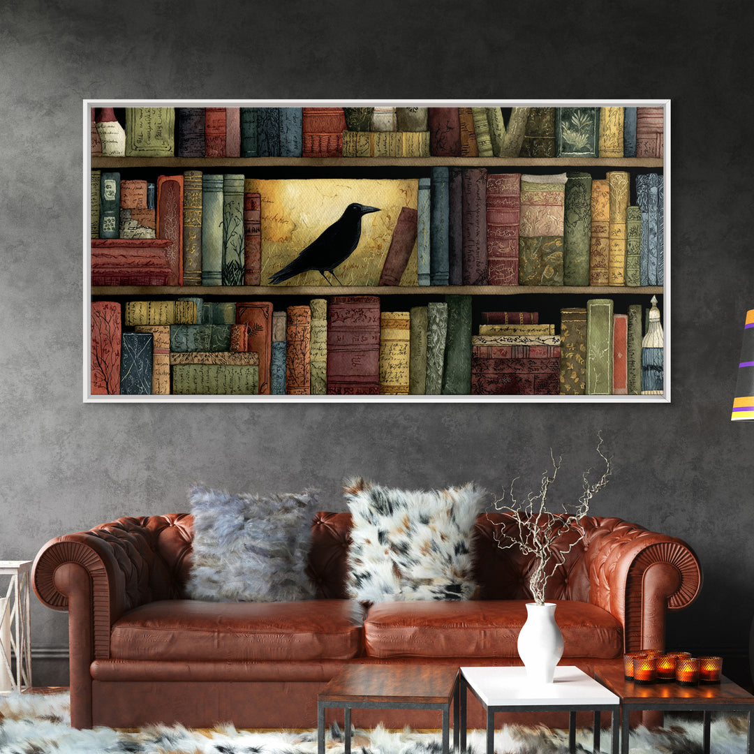 Black Raven Perched on Closed Book Canvas Print, Library Art, Library Decor, Watercolor Art, Archive, Unique Wall Art, LIB-2x1-66