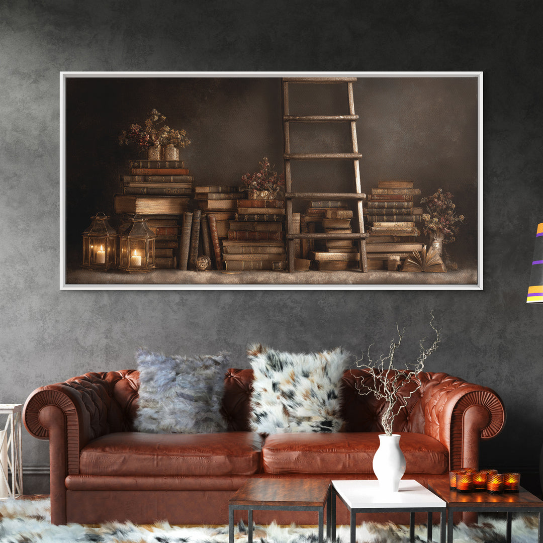 Rolling Library Ladder Canvas Print, Library Art, Dark Academia Art, Library Decor, Abstract Art, Archive, Room Decor, LIB-2x1-71