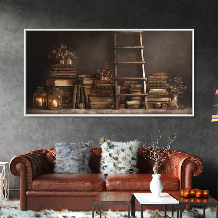 Rolling Library Ladder Canvas Print, Library Art, Dark Academia Art, Library Decor, Abstract Art, Archive, Room Decor, LIB-2x1-71
