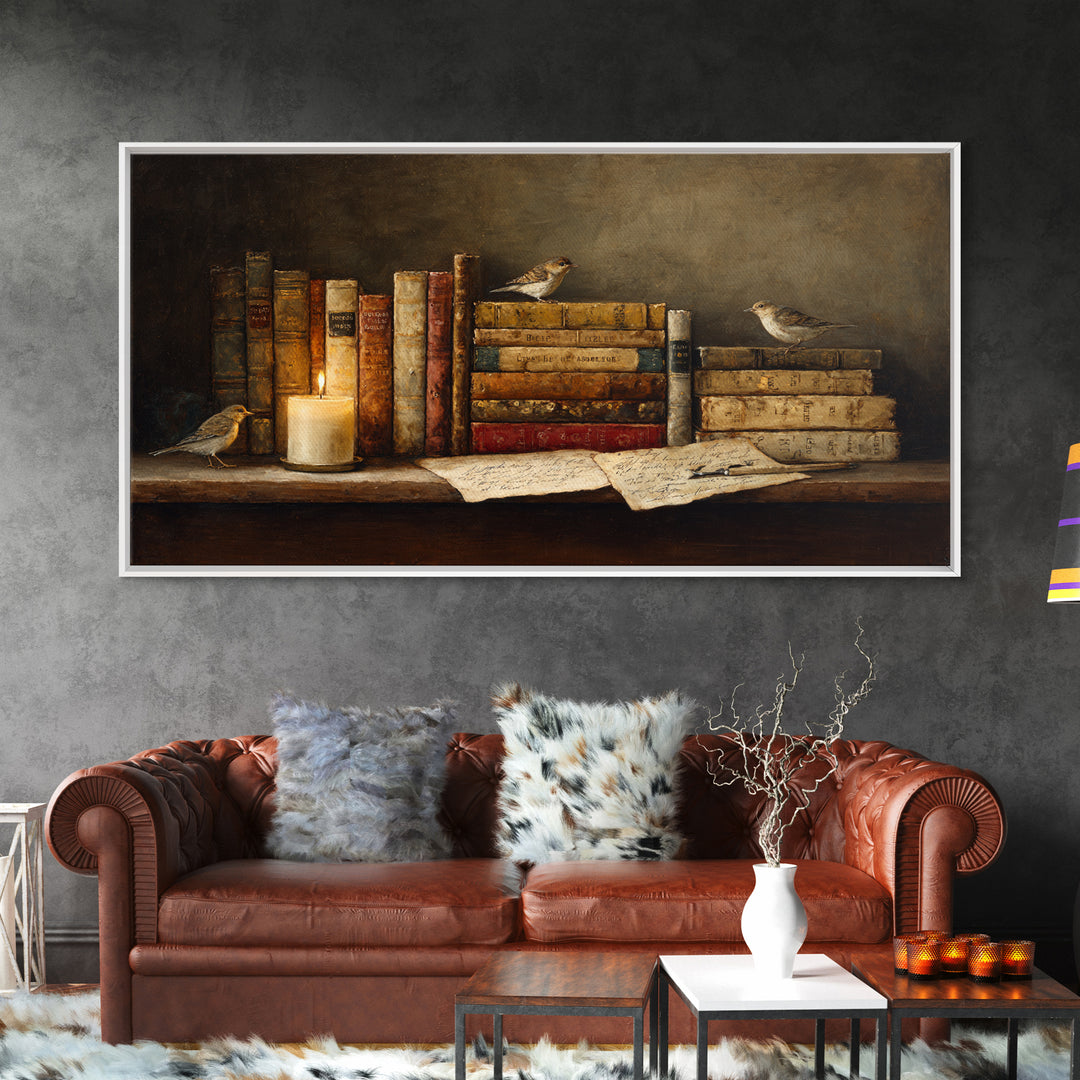 Open Book Releasing Tiny Birds Framed Canvas Print, Library Art, Living Room Decor, Library Decor, Fine Art, Archive, LIB-2x1-72