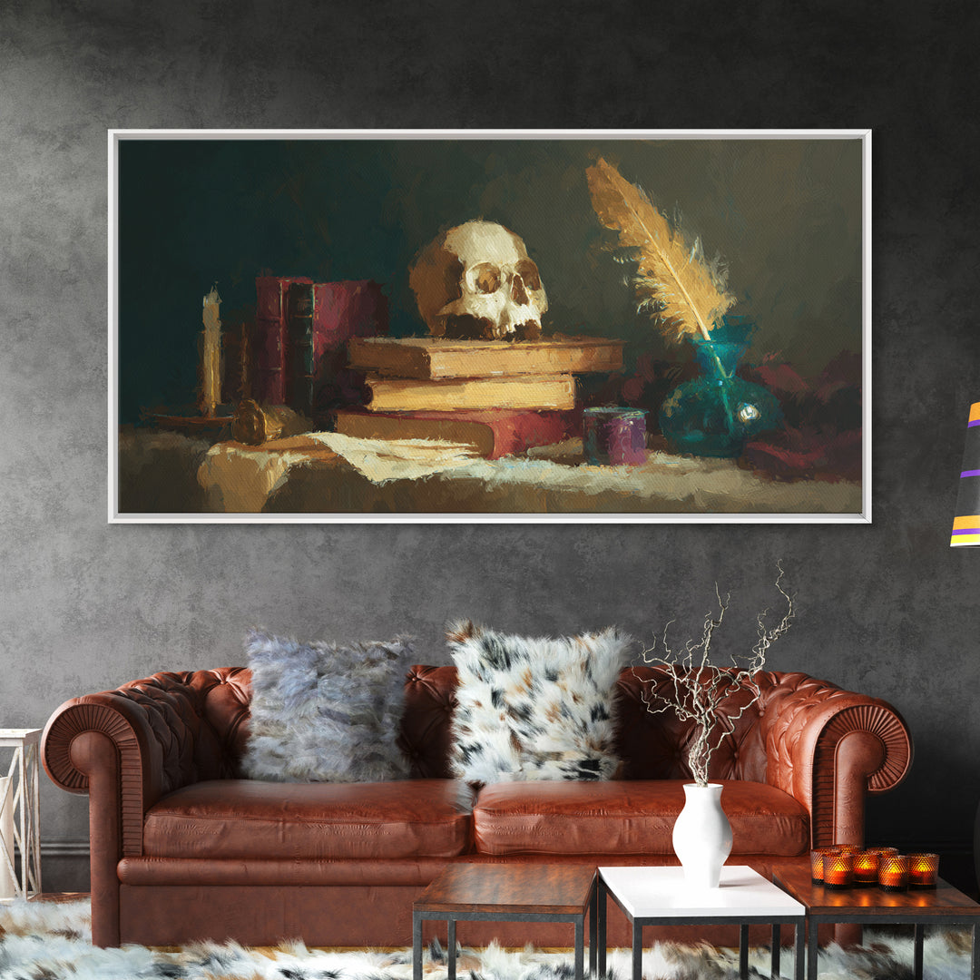 Dark Academia Skull Book and Quill Still Canvas Print, Library Art, Unique Wall Art, Library Decor, Fine Art, Archive, LIB-2x1-73