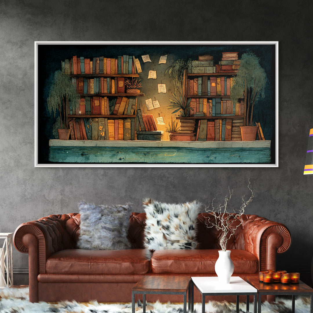 Moonlit Window with Floating Pages Canvas Print, Library Art, Gothic Wall Art, Library Decor, Archive, Bookish Wall Art, LIB-2x1-76
