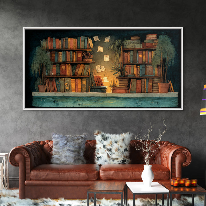 Moonlit Window with Floating Pages Canvas Print, Library Art, Gothic Wall Art, Library Decor, Archive, Bookish Wall Art, LIB-2x1-76