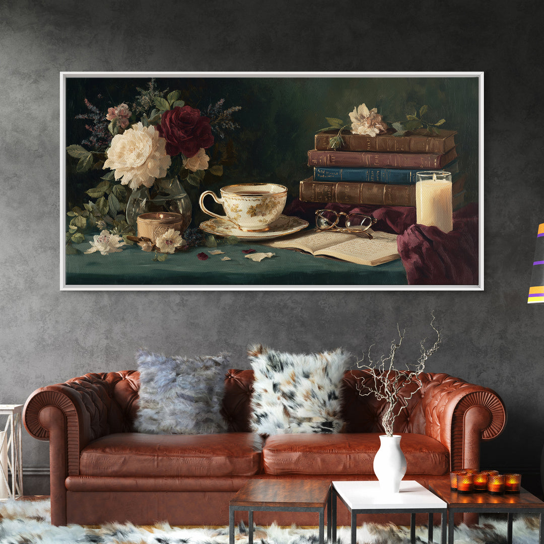 Teacup Beside a Novel and Roses Canvas Print, Library Art, Digital Art, Library Decor, Fine Art, Archive, Watercolor Art, LIB-2x1-82