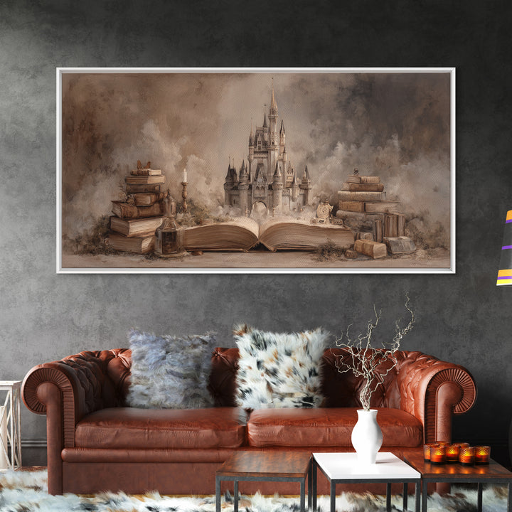 Storybook Castle Emerging from Open Book Framed Canvas Print, Library Art, Painting, Library Decor, Fine Art, Archive, LIB-2x1-83