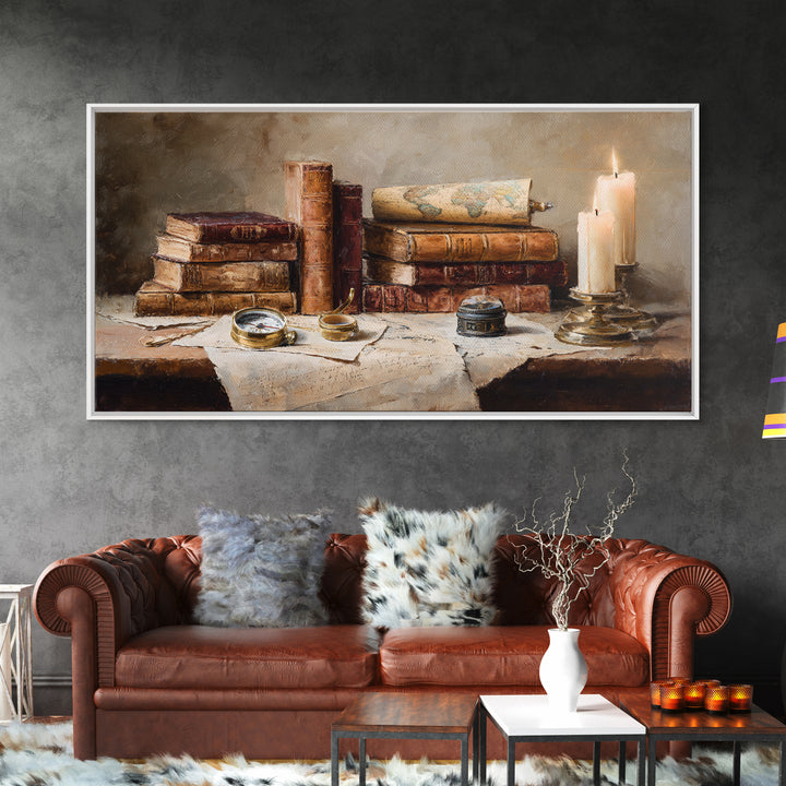 Map and Compass on Leather Bound Atlas Framed Canvas Print, Library Art, Moody Wall Art, Library Decor, Fine Art, Archive, LIB-2x1-84