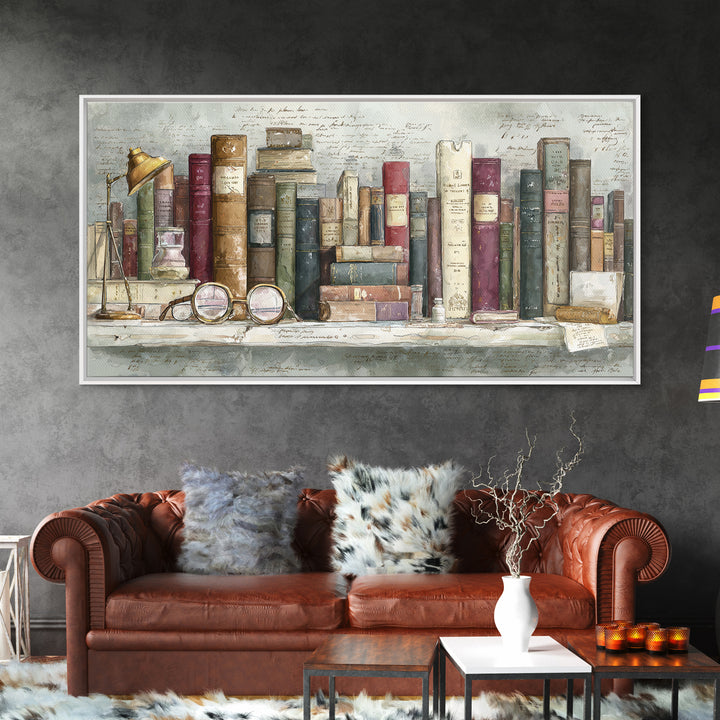 Antique Spectacles on a Manuscript Framed Canvas Print, Library Art, Unique Wall Art, Library Decor, Fine Art, Archive, LIB-2x1-88