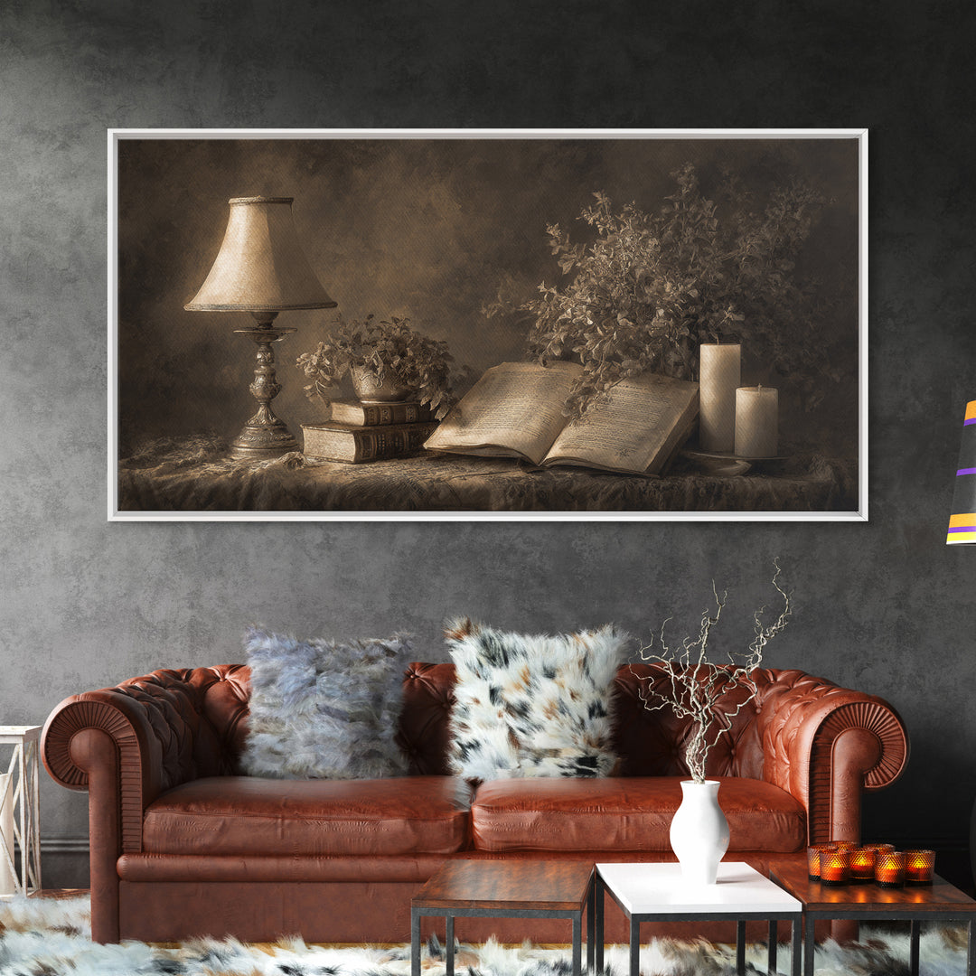 Warm Reading Lamp and Small Plant Still Canvas Print, Library Art, Watercolor Art, Library Decor, Archive, Halloween Wall Art, LIB-2x1-89