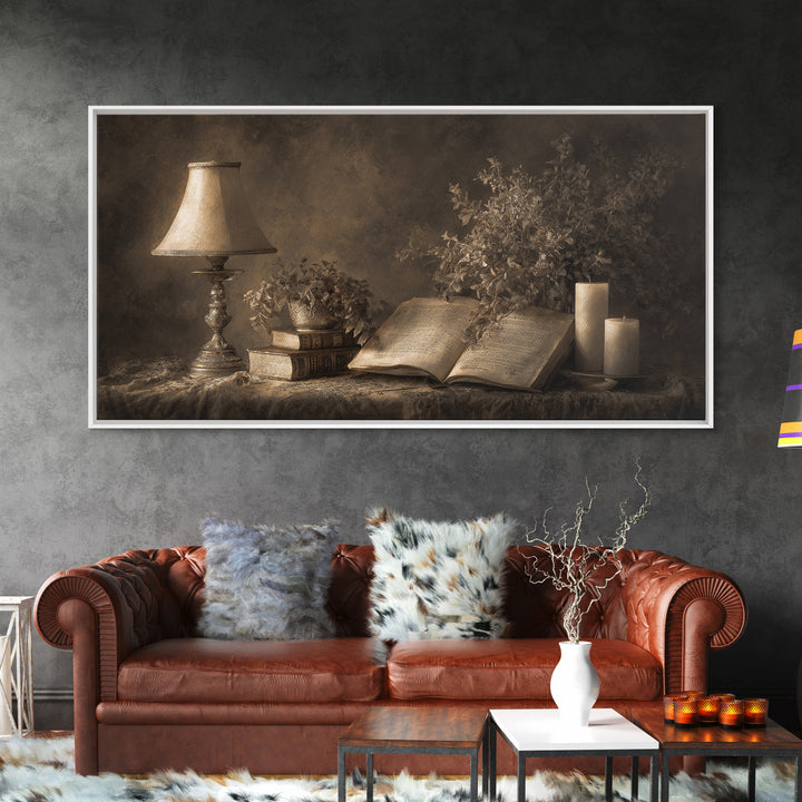 Warm Reading Lamp and Small Plant Still Canvas Print, Library Art, Watercolor Art, Library Decor, Archive, Halloween Wall Art, LIB-2x1-89
