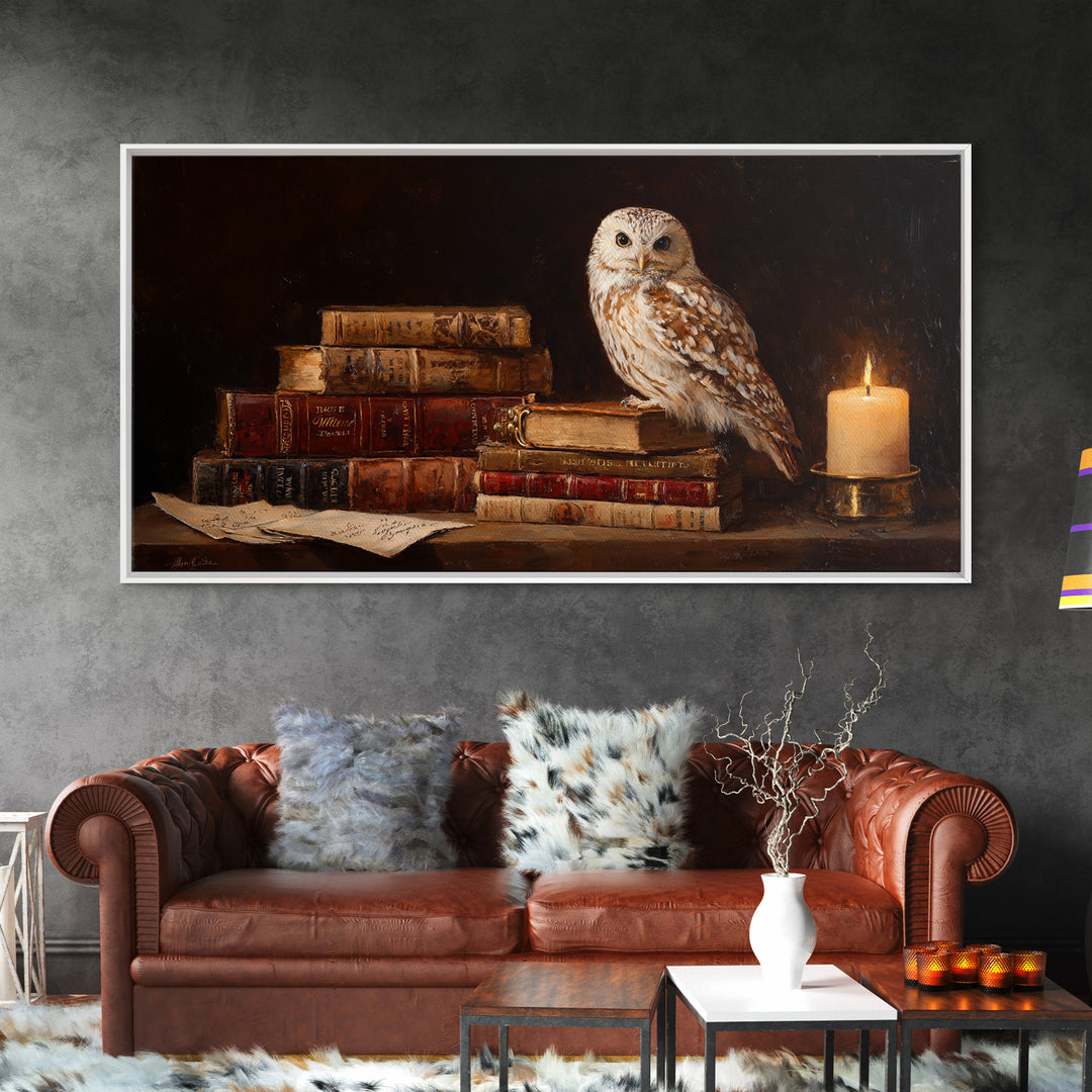 Owl Perched on a Pile of Antique Canvas Print, Library Art, Printable Art, Library Decor, Fine Art, Archive, Bookish Decor, LIB-2x1-94