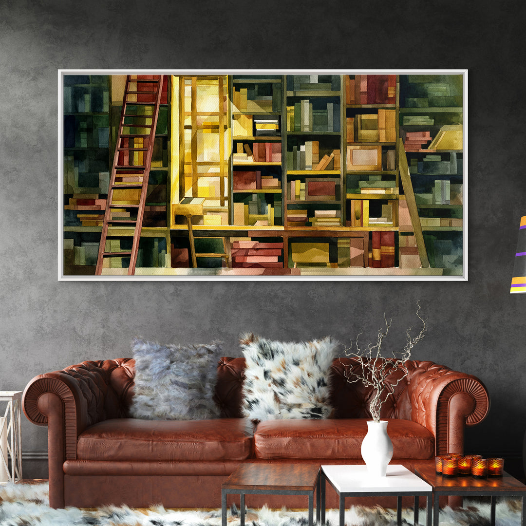 Rolling Library Ladder Framed Canvas Print, Library Art, Neutral Decor, Library Decor, Fine Art, Archive, Home Decor, LIB-2x1-95