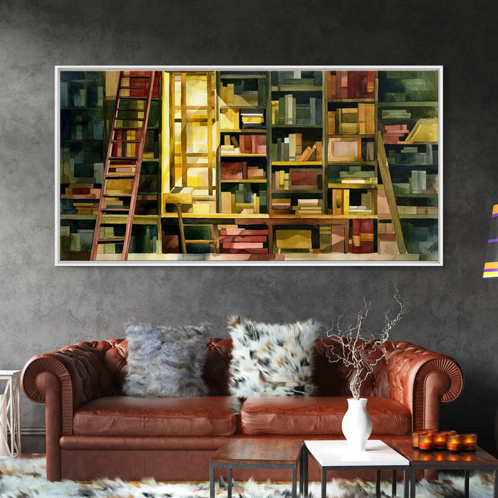 Rolling Library Ladder Framed Canvas Print, Library Art, Neutral Decor, Library Decor, Fine Art, Archive, Home Decor, LIB-2x1-95