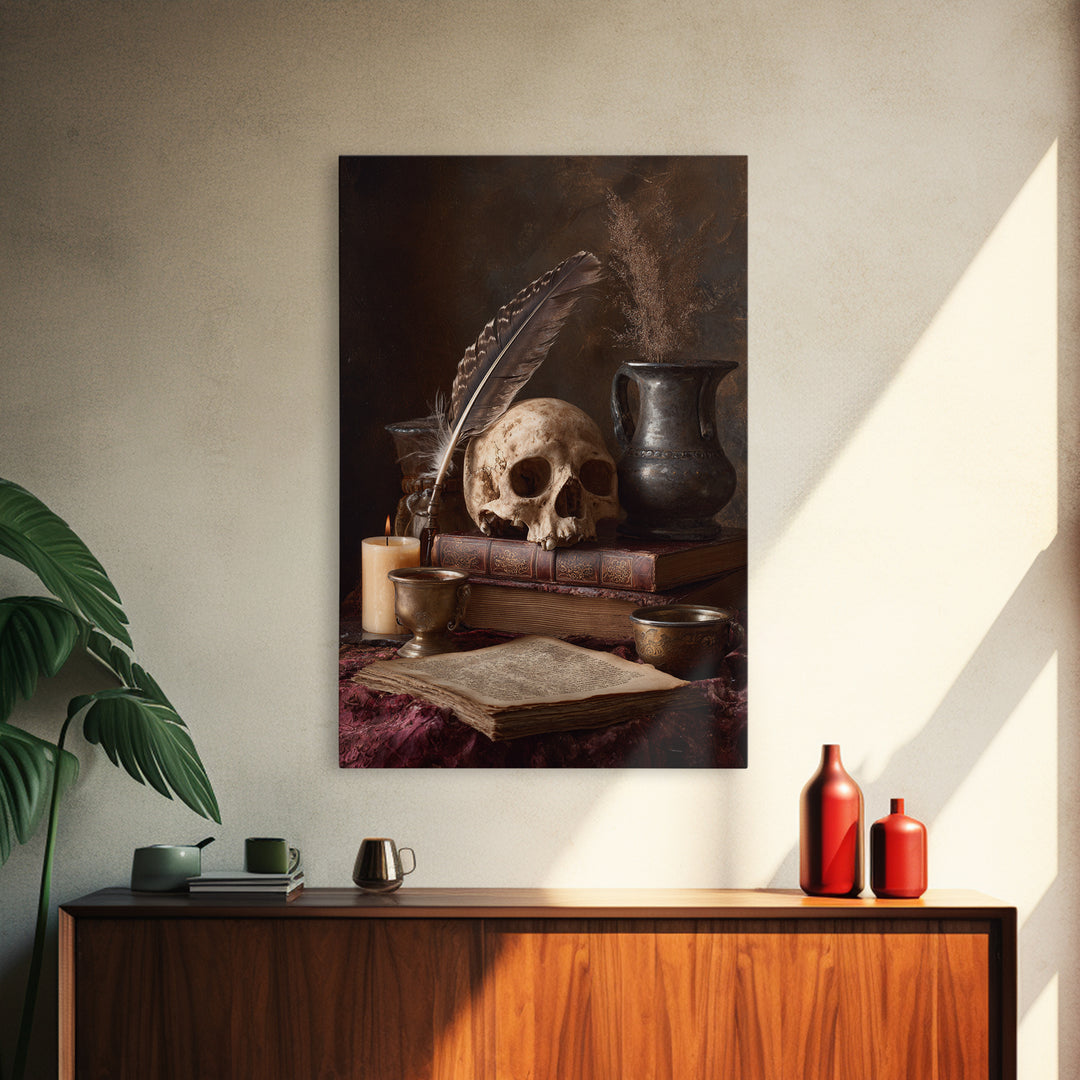 Dark Academia Skull Book and Quill Still Framed Canvas Print, Library Art, Dark Academia Decor, Library Decor, Archive, LIB-2x3-13