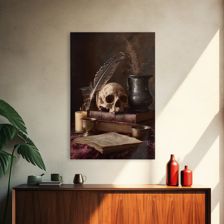 Dark Academia Skull Book and Quill Still Framed Canvas Print, Library Art, Dark Academia Decor, Library Decor, Archive, LIB-2x3-13