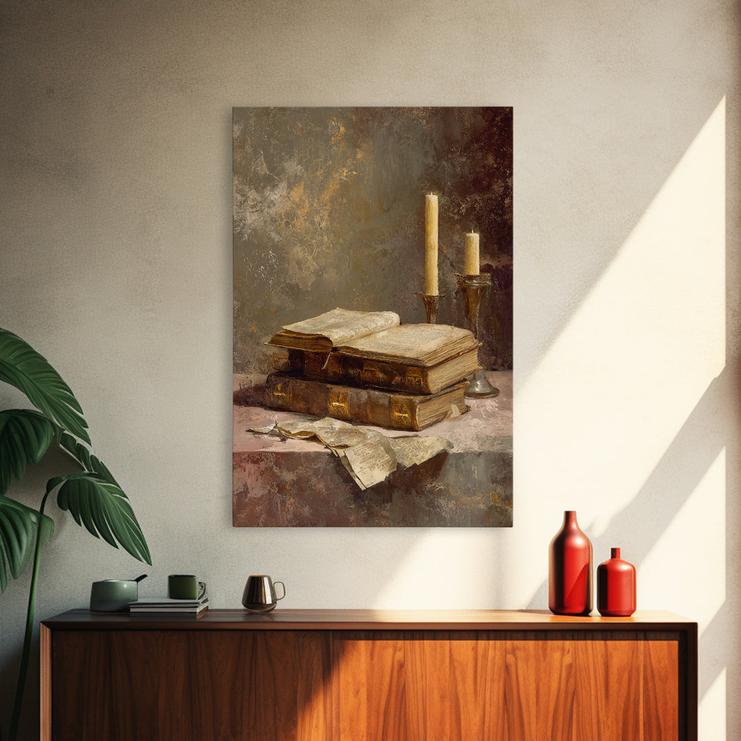 Ancient Book with Brass Clasps Framed Canvas Print, Library Art, Gothic Home Decor, Library Decor, Oil Painting, Archive, LIB-2x3-21