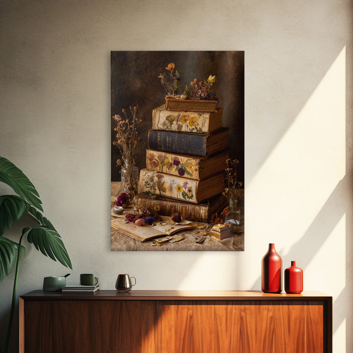 Botanical Pressed Flowers Inside Old Pages Framed Canvas Print, Library Art, Wall Art Print, Library Decor, Fine Art, Archive, LIB-2x3-41