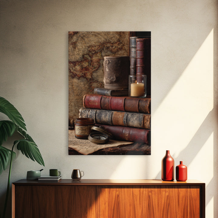 Map and Compass on Leather Bound Atlas Canvas Print, Library Art, Gothic Home Decor, Library Decor, Oil Painting, Archive, LIB-2x3-72