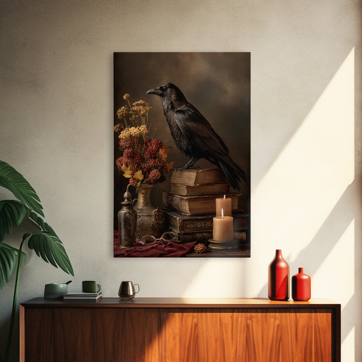Black Raven Perched on Closed Book Framed Canvas Print, Library Art, Living Room Decor, Library Decor, Fine Art, Archive, LIB-2x3-78