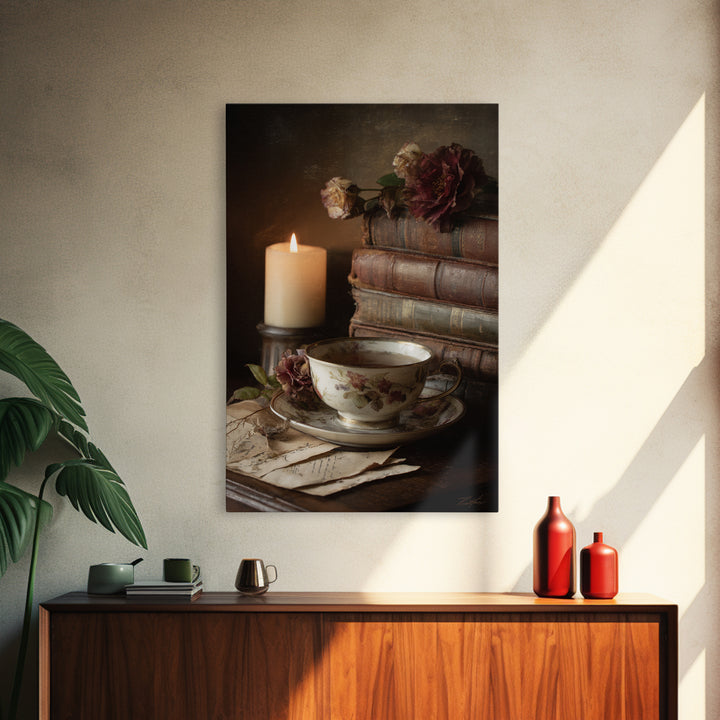 Teacup Beside a Novel and Roses Framed Canvas Print, Library Art, Unique Wall Art, Library Decor, Archive, Dark Academia Art, LIB-2x3-94