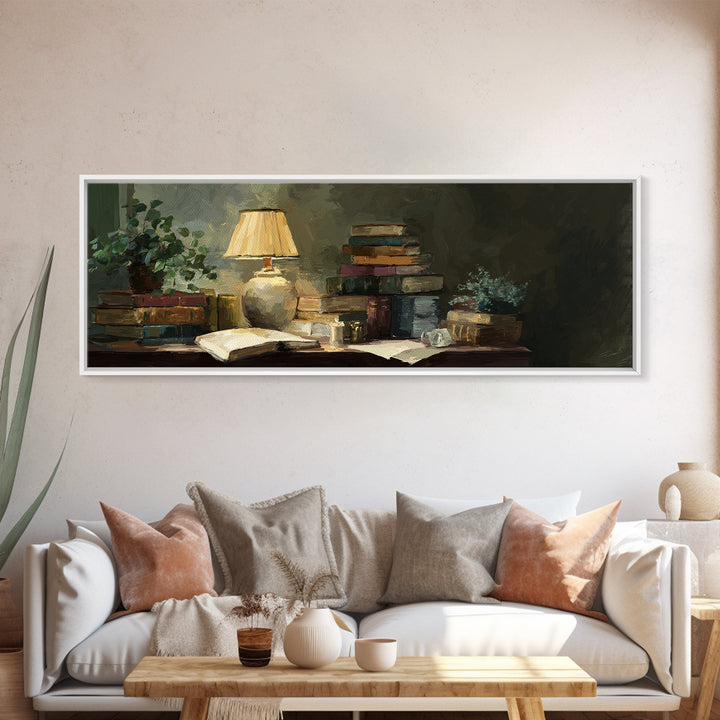 Warm Reading Lamp and Small Plant Still Canvas Print, Library Art, Watercolor Art, Library Decor, Archive, Halloween Wall Art, LIB-3x1-13
