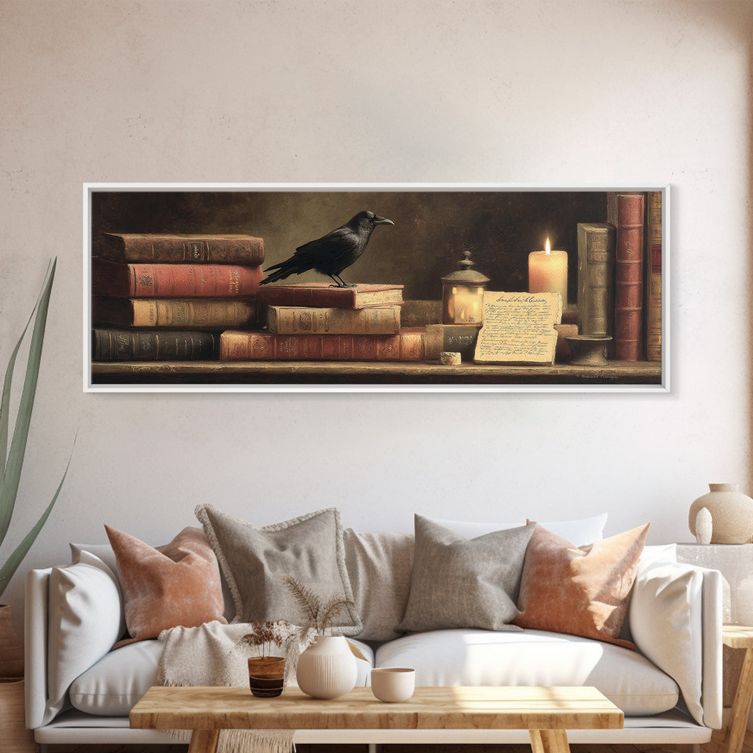 Black Raven Perched on Closed Book Canvas Print, Library Art, Modern Decor, Library Decor, Fine Art, Archive, Wall Decor, LIB-3x1-14