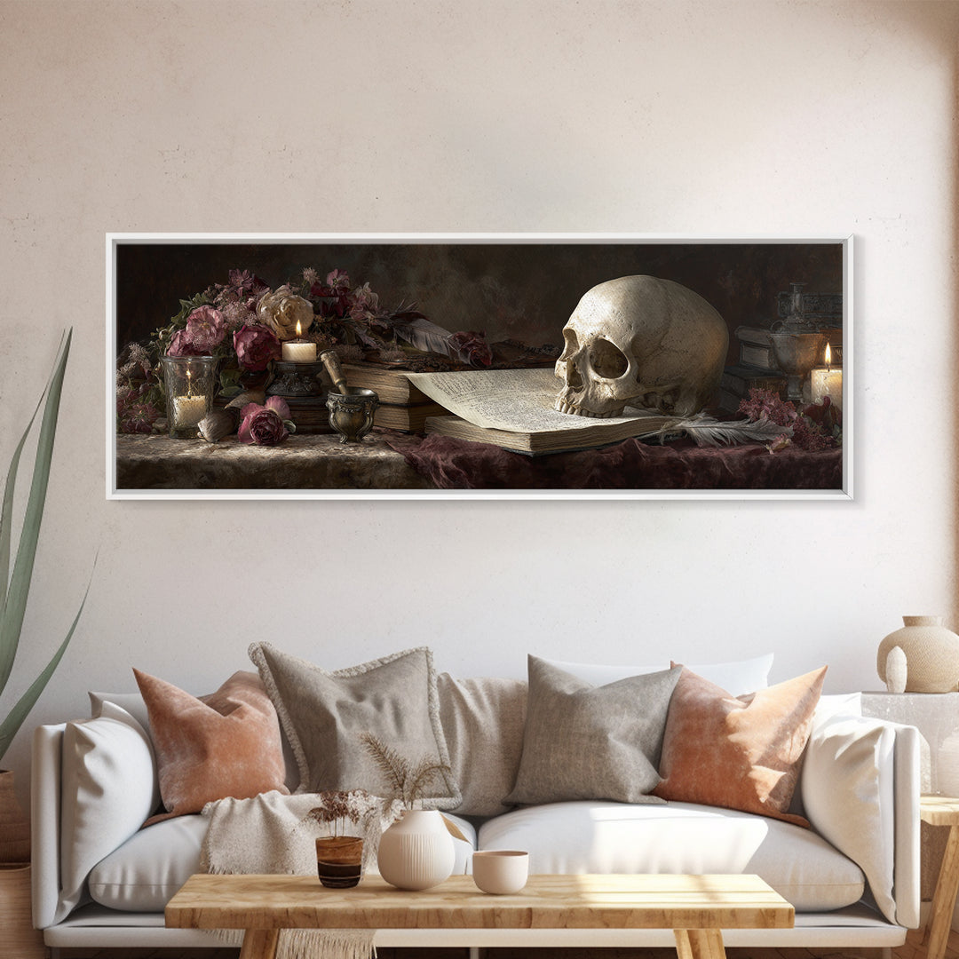 Dark Academia Skull Book and Quill Still Canvas Print, Library Art, Black Cat Art, Library Decor, Archive, Luxury Decor, LIB-3x1-21