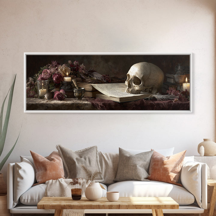 Dark Academia Skull Book and Quill Still Canvas Print, Library Art, Black Cat Art, Library Decor, Archive, Luxury Decor, LIB-3x1-21