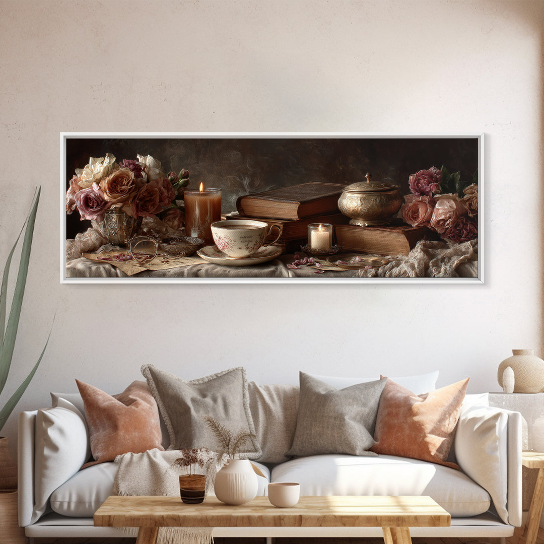 Teacup Beside a Novel and Roses Canvas Print, Library Art, Digital Art, Library Decor, Fine Art, Archive, Watercolor Art, LIB-3x1-30