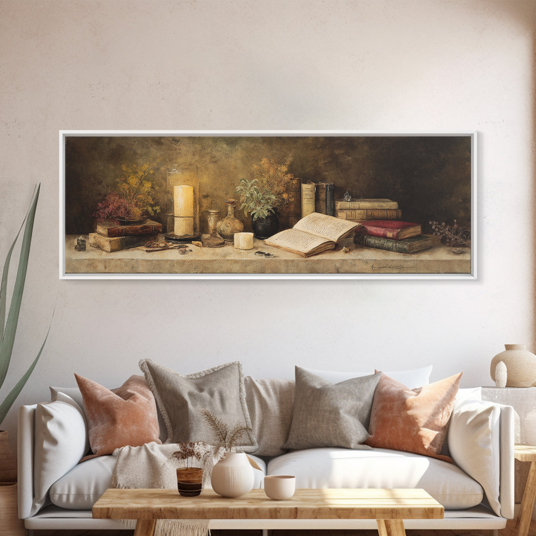 Warm Reading Lamp and Small Plant Still Framed Canvas Print, Library Art, Botanical Art, Library Decor, Watercolor Art, Archive, LIB-3x1-37