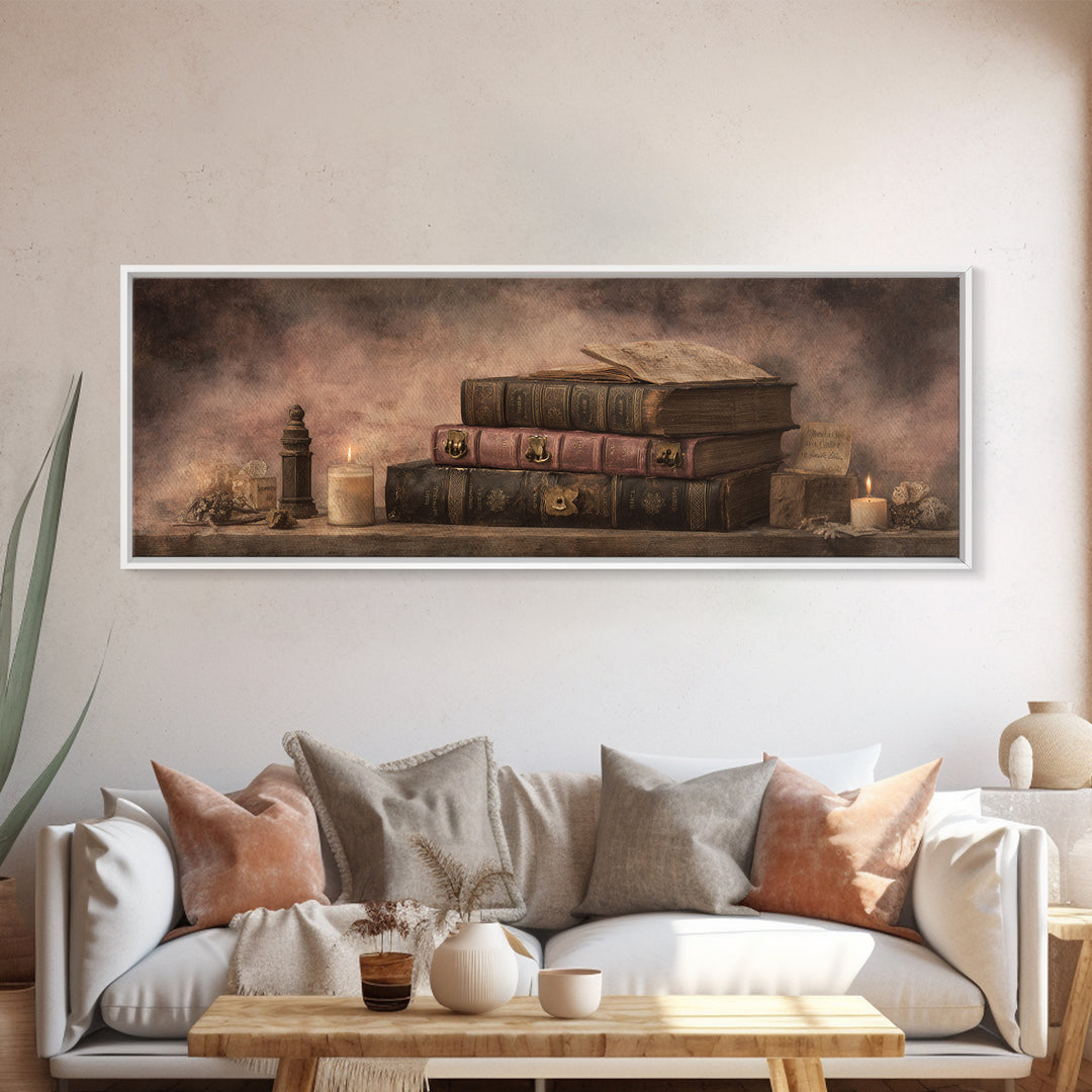 Ancient Book with Brass Clasps Framed Canvas Print, Library Art, Halloween Printable, Library Decor, Watercolor Art, Archive, LIB-3x1-5