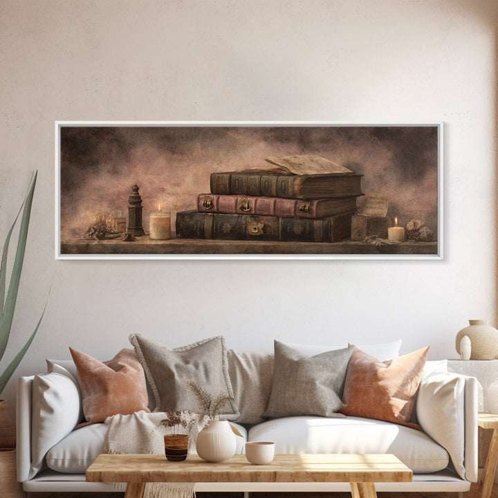 Ancient Book with Brass Clasps Framed Canvas Print, Library Art, Halloween Printable, Library Decor, Watercolor Art, Archive, LIB-3x1-5