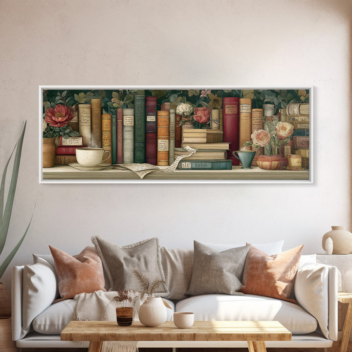 Teacup Beside a Novel and Roses Canvas Print, Library Art, Gothic Wall Decor, Library Decor, Fine Art, Archive, LIB-3x1-54