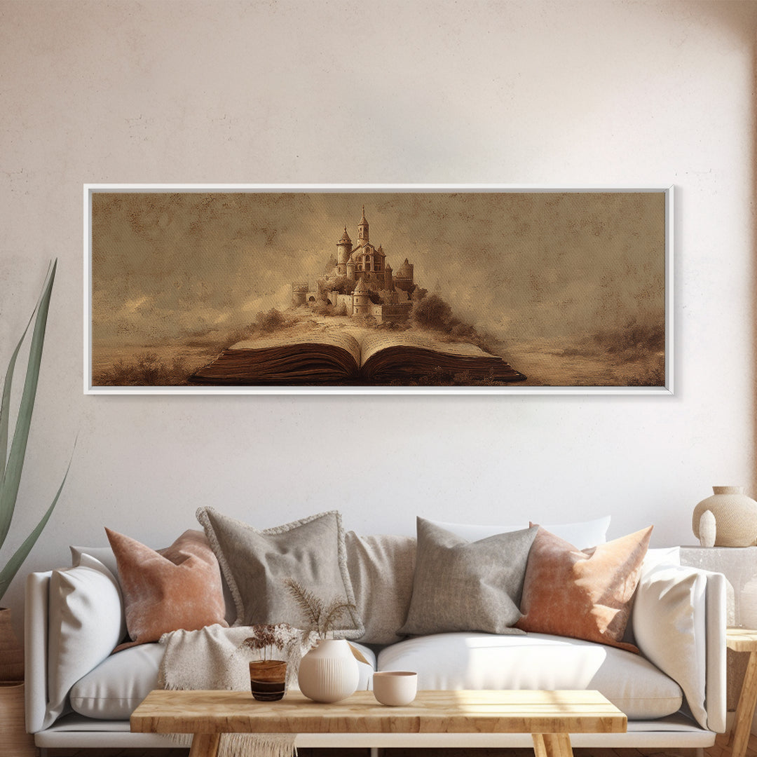 Storybook Castle Emerging from Open Book Framed Canvas Print, Library Art, Painting, Library Decor, Fine Art, Archive, LIB-3x1-55