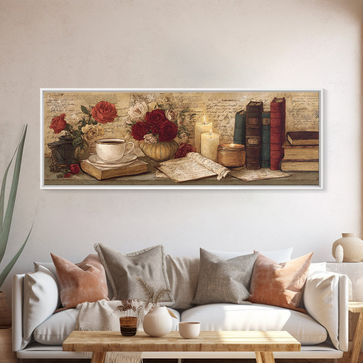 Teacup Beside a Novel and Roses Canvas Print, Library Art, Black Cat Art, Library Decor, Fine Art, Archive, Luxury Decor, LIB-3x1-6