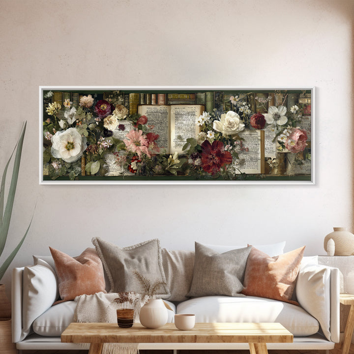 Botanical Pressed Flowers Inside Old Pages Framed Canvas Print, Library Art, Neutral Decor, Library Decor, Oil Painting, LIB-3x1-73