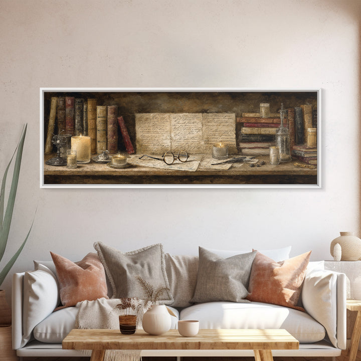 Antique Spectacles on a Manuscript Framed Canvas Print, Library Art, Digital Art, Library Decor, Archive, Watercolor Art, LIB-3x1-84
