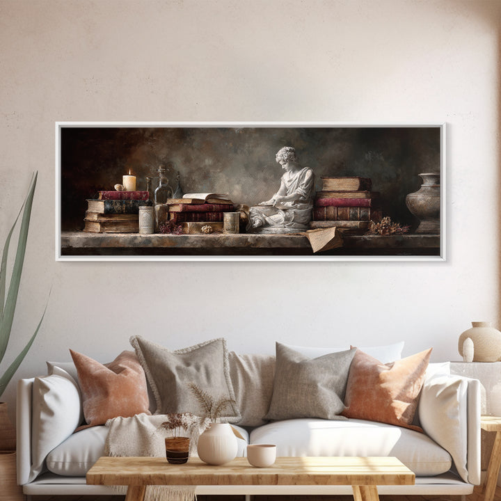 Renaissance Reading Figure Framed Canvas Print, Library Art, Dark Academia Decor, Library Decor, Archive, Botanical Art, LIB-3x1-87