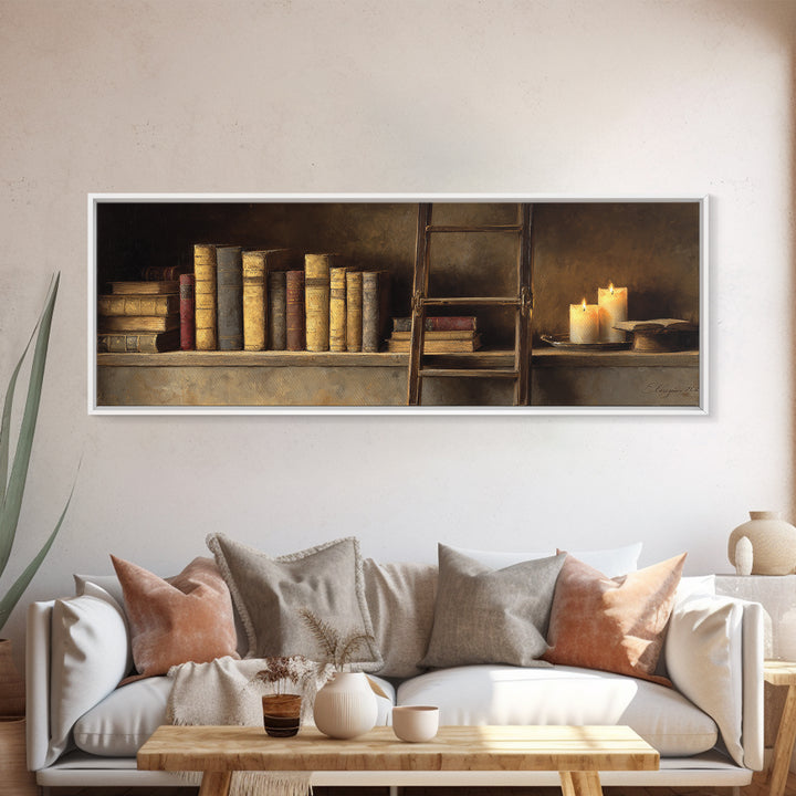 Rolling Library Ladder Canvas Print, Library Art, Printable Wall Art, Library Decor, Fine Art, Archive, Moody Wall Art, LIB-3x1-91