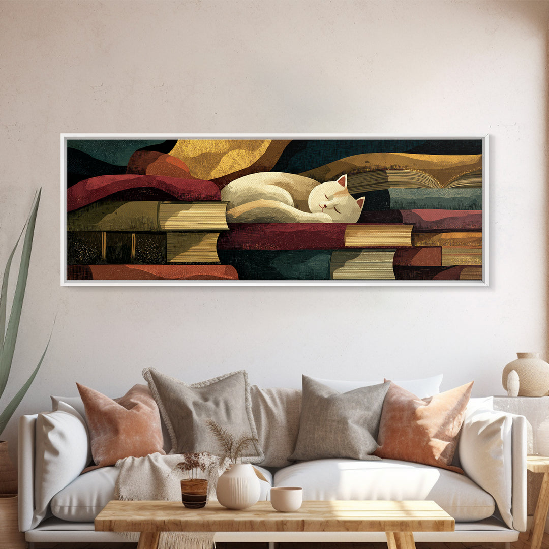 Cat Sleeping on a Book Stack Canvas Print, Library Art, Gothic Home Decor, Library Decor, Oil Painting, Archive, Bookish Decor, LIB-3x1-95