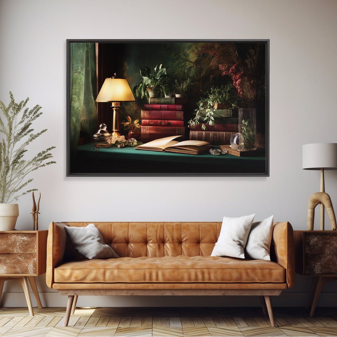 Warm Reading Lamp and Small Plant Still Canvas Print, Library Art, Bookish Decor, Library Decor, Archive, Modern Decor, LIB-3x2-1