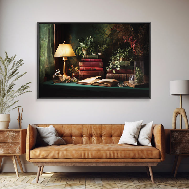 Warm Reading Lamp and Small Plant Still Canvas Print, Library Art, Bookish Decor, Library Decor, Archive, Modern Decor, LIB-3x2-1
