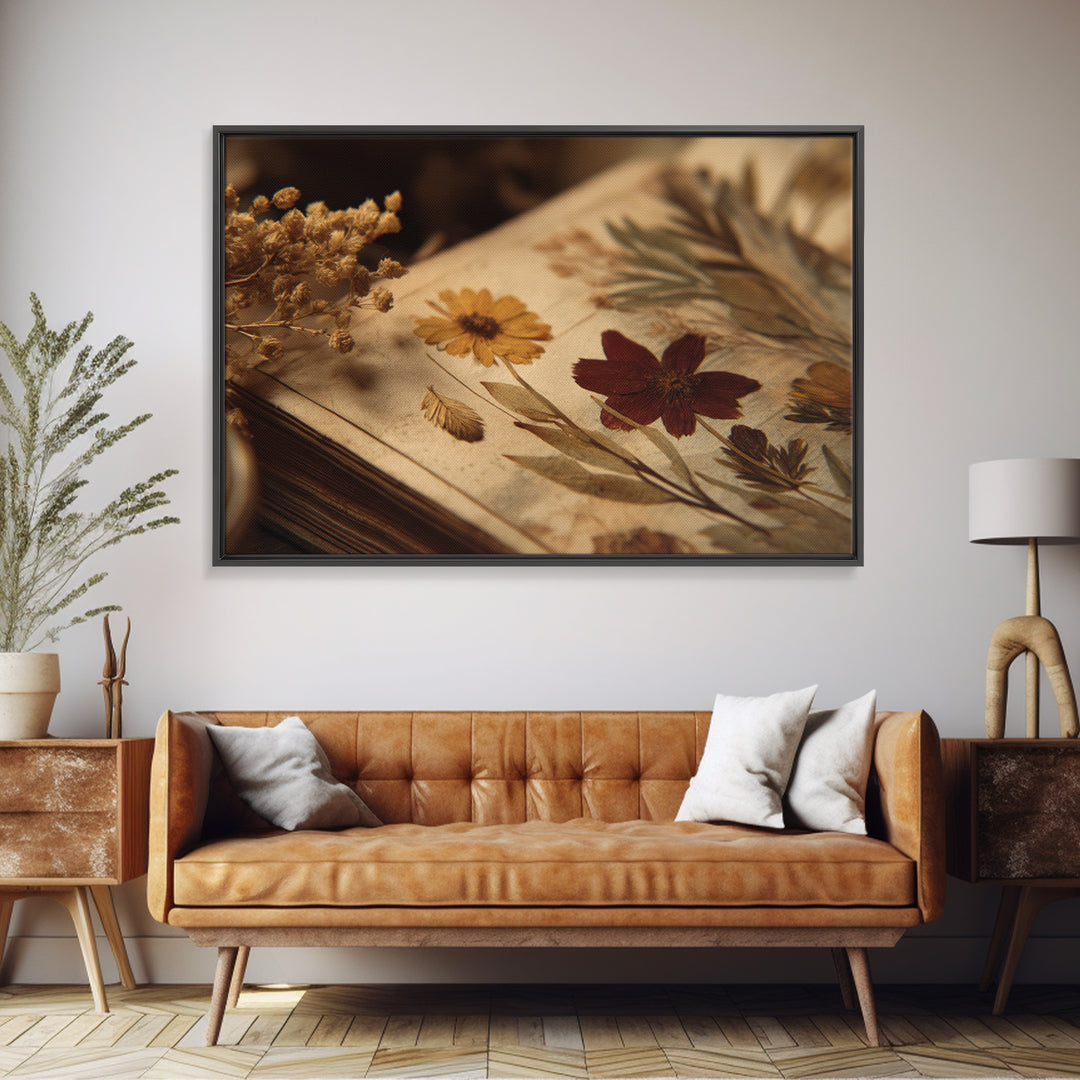 Botanical Pressed Flowers Inside Old Pages Framed Canvas Print, Library Art, Botanical Art, Library Decor, Watercolor Art, LIB-3x2-13